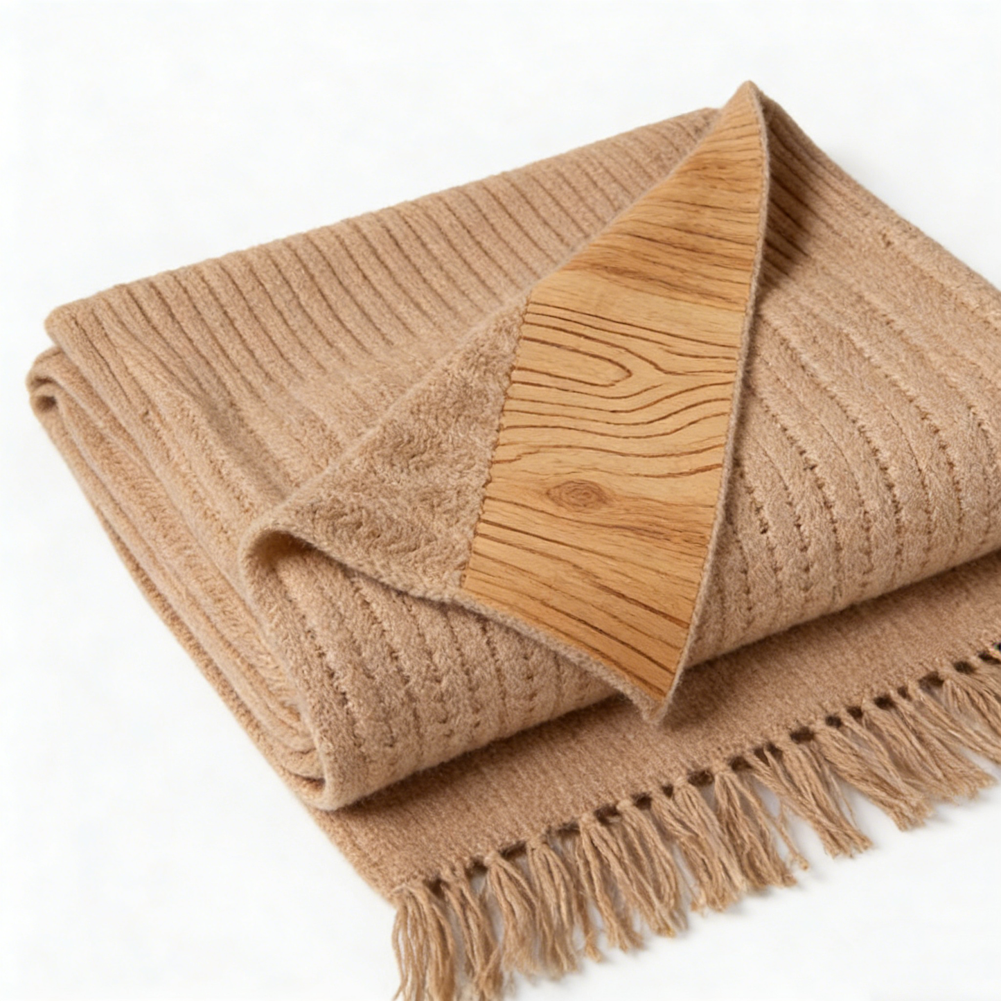 Camel Oak Wood Fringe Knit Throw Blanket