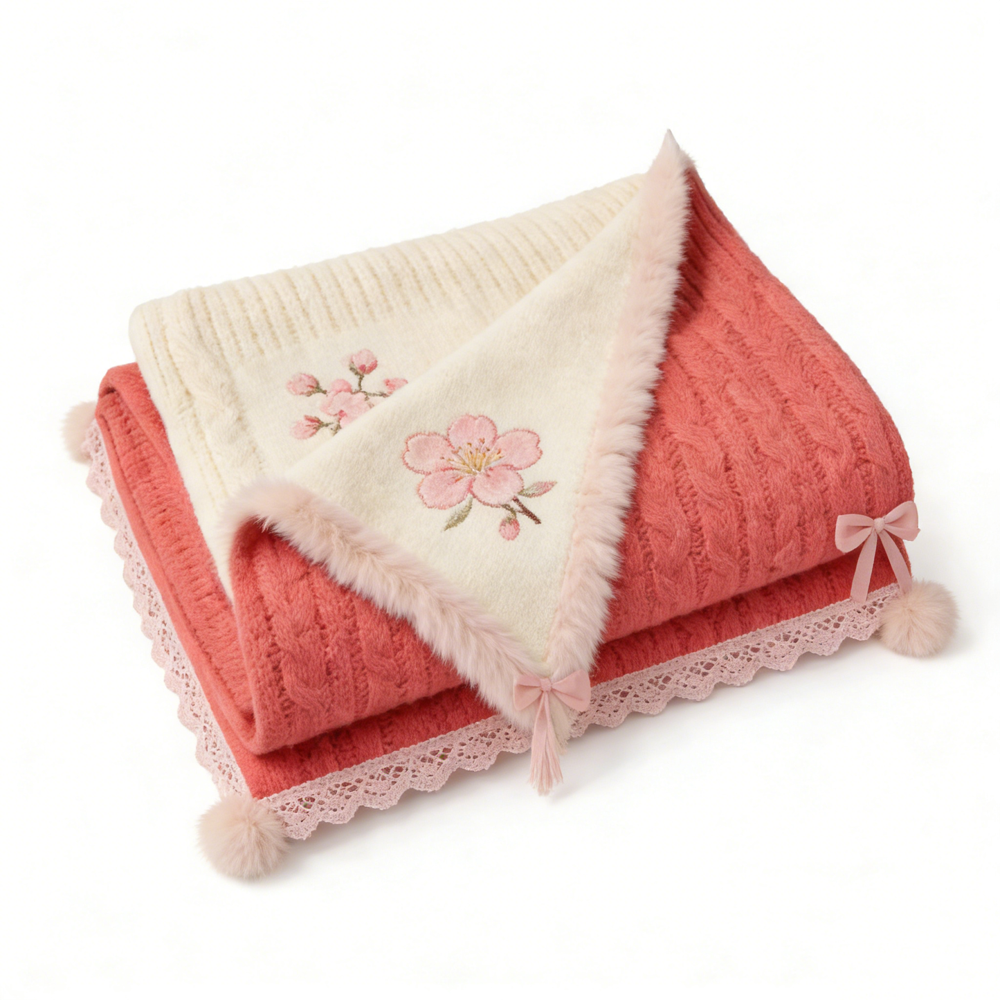Sakura Fuzzy Pom‑pom Throw Blanket