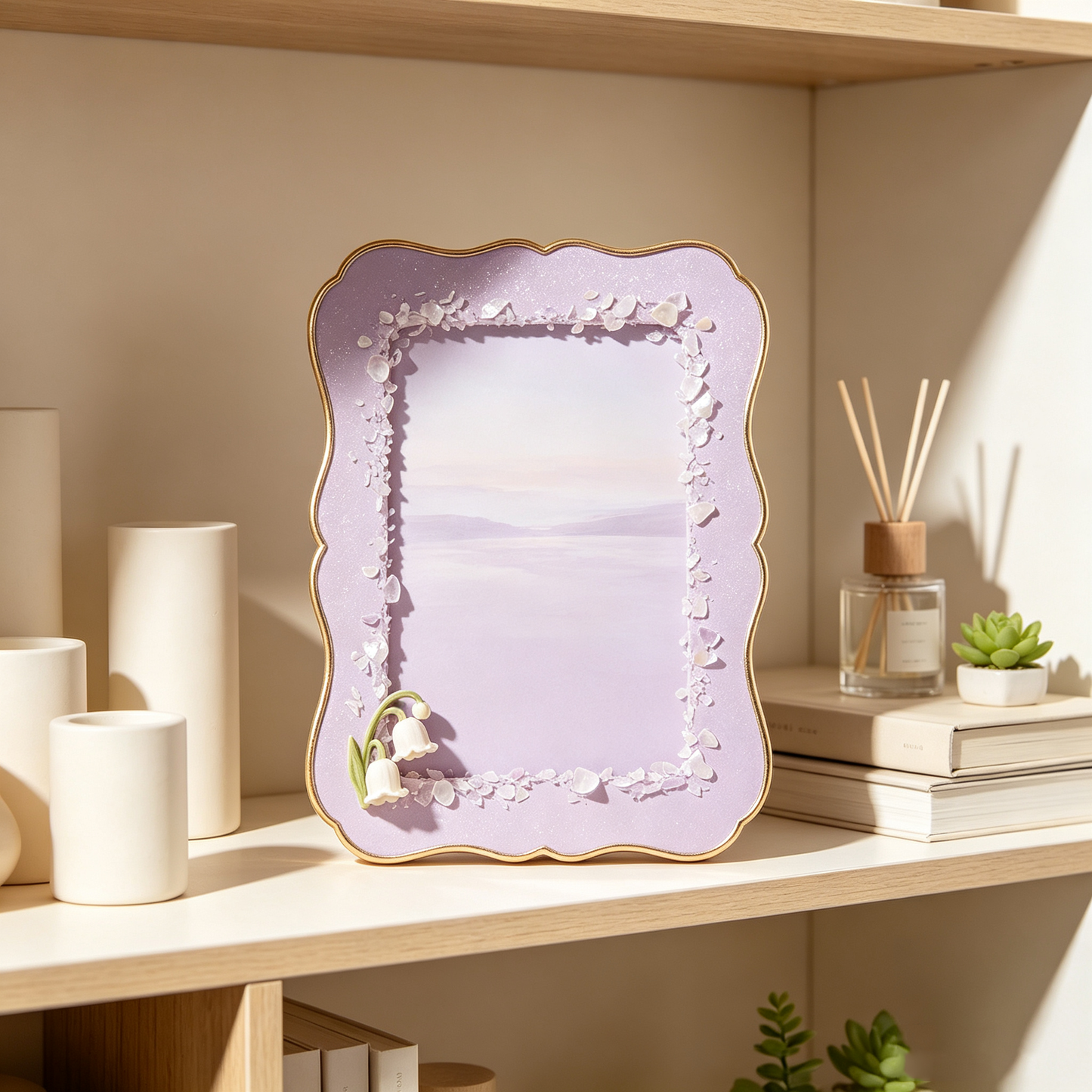 Lavender Wavy Lily of the Valley Shell Chip Photo Frame