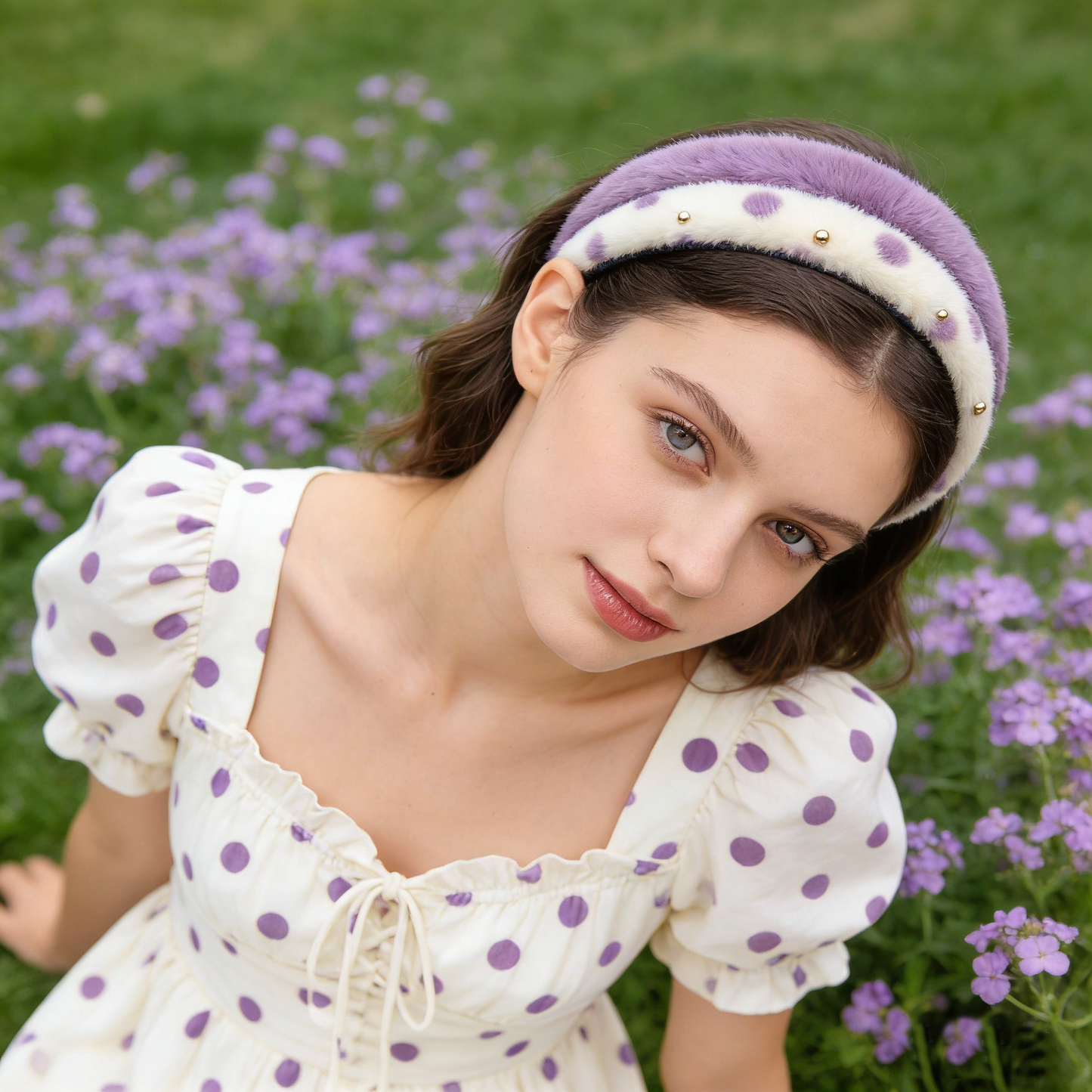 Purple Polka Dot Fur Headband