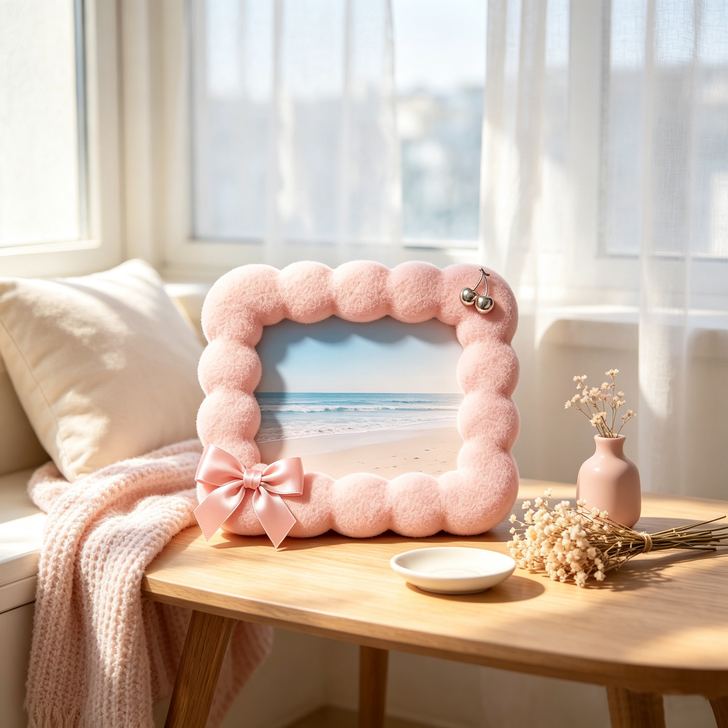 Pink Bubble Felt Photo Frame with Bow & Cherry Charm