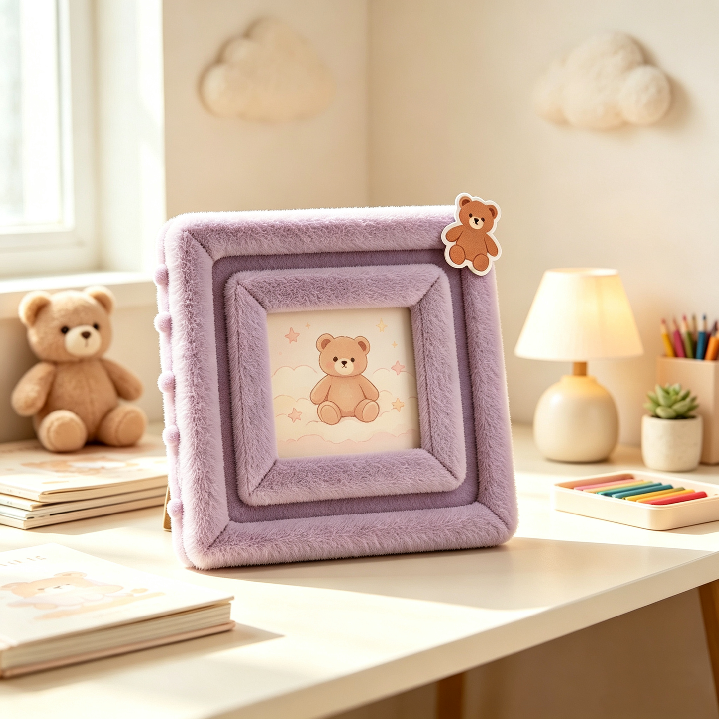 Purple Plush Layered Bear Badge Photo Frame