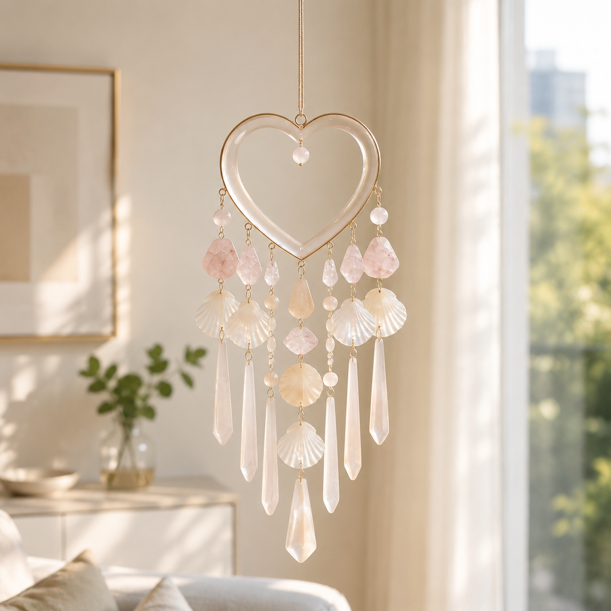 Heart Shell Rose Quartz Wind Chime