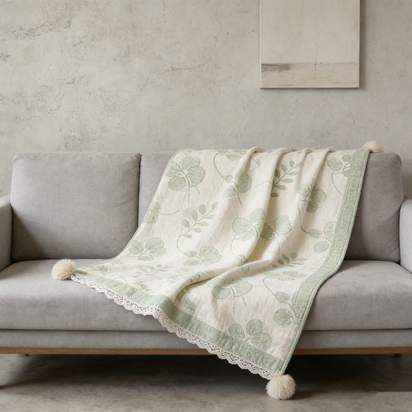 Eucalyptus Pom Pom Lace Throw Blanket