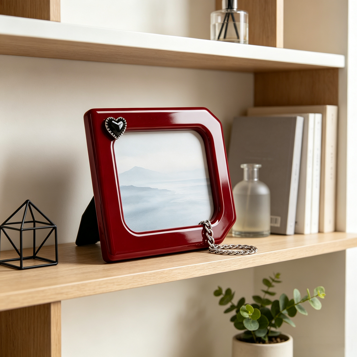 Glossy Red Angular Black Heart Chain Photo Frame