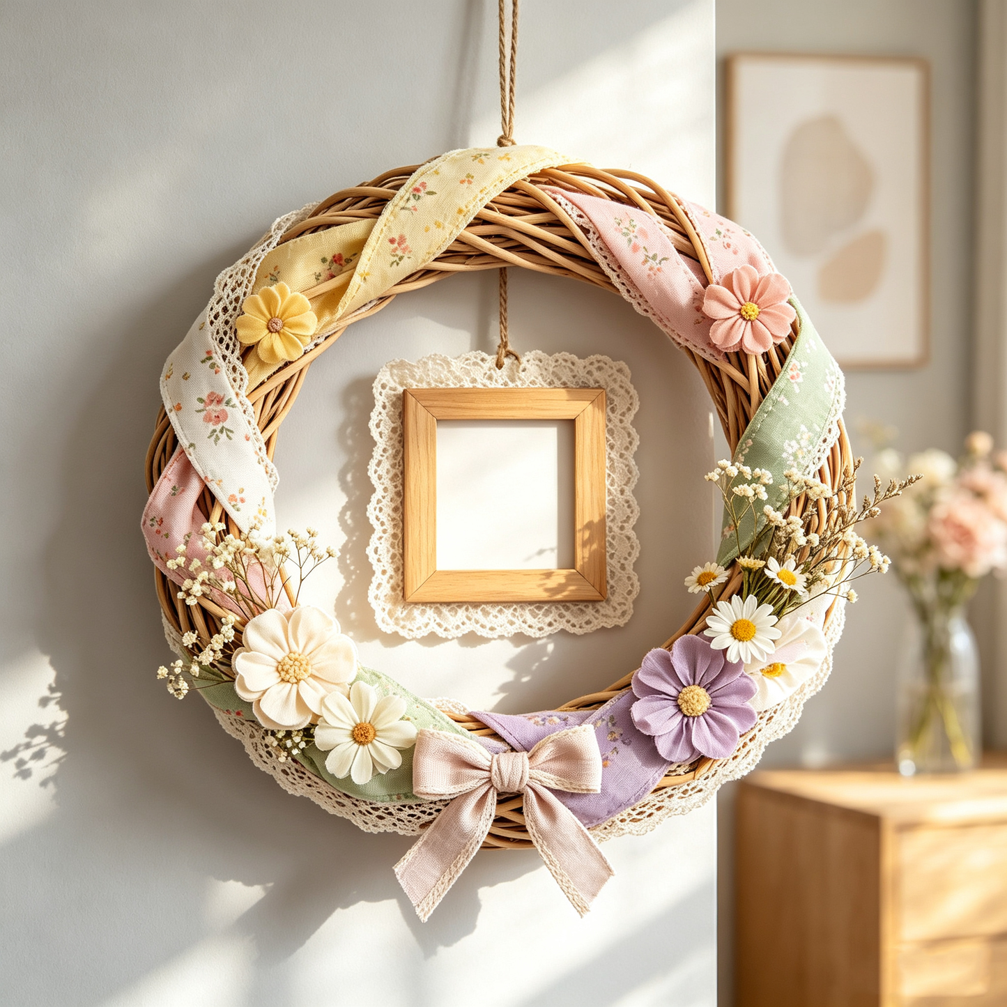 Pastel Floral Rattan Wreath Frame Hanging