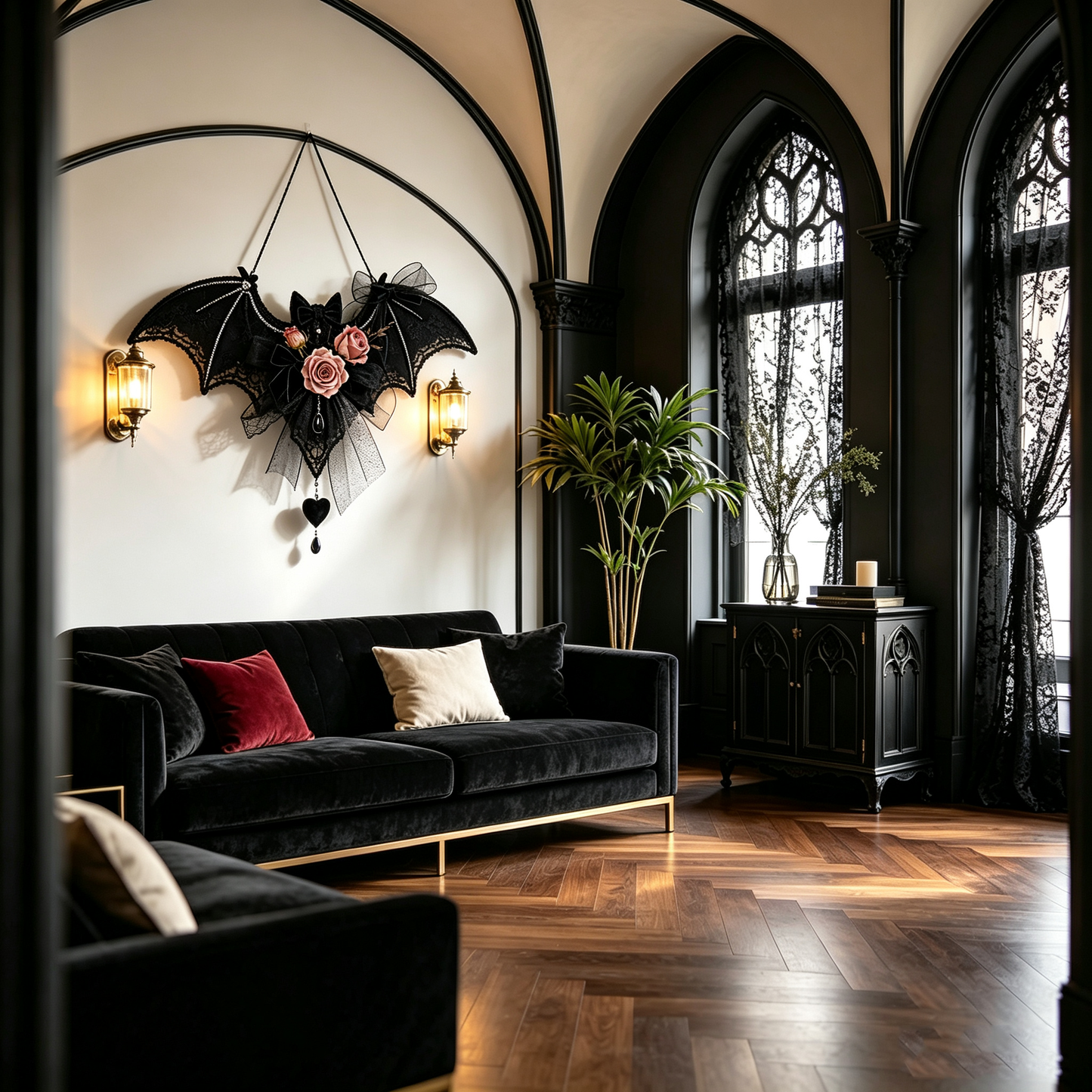 Gothic Lace Bat Rose Wall Hanging