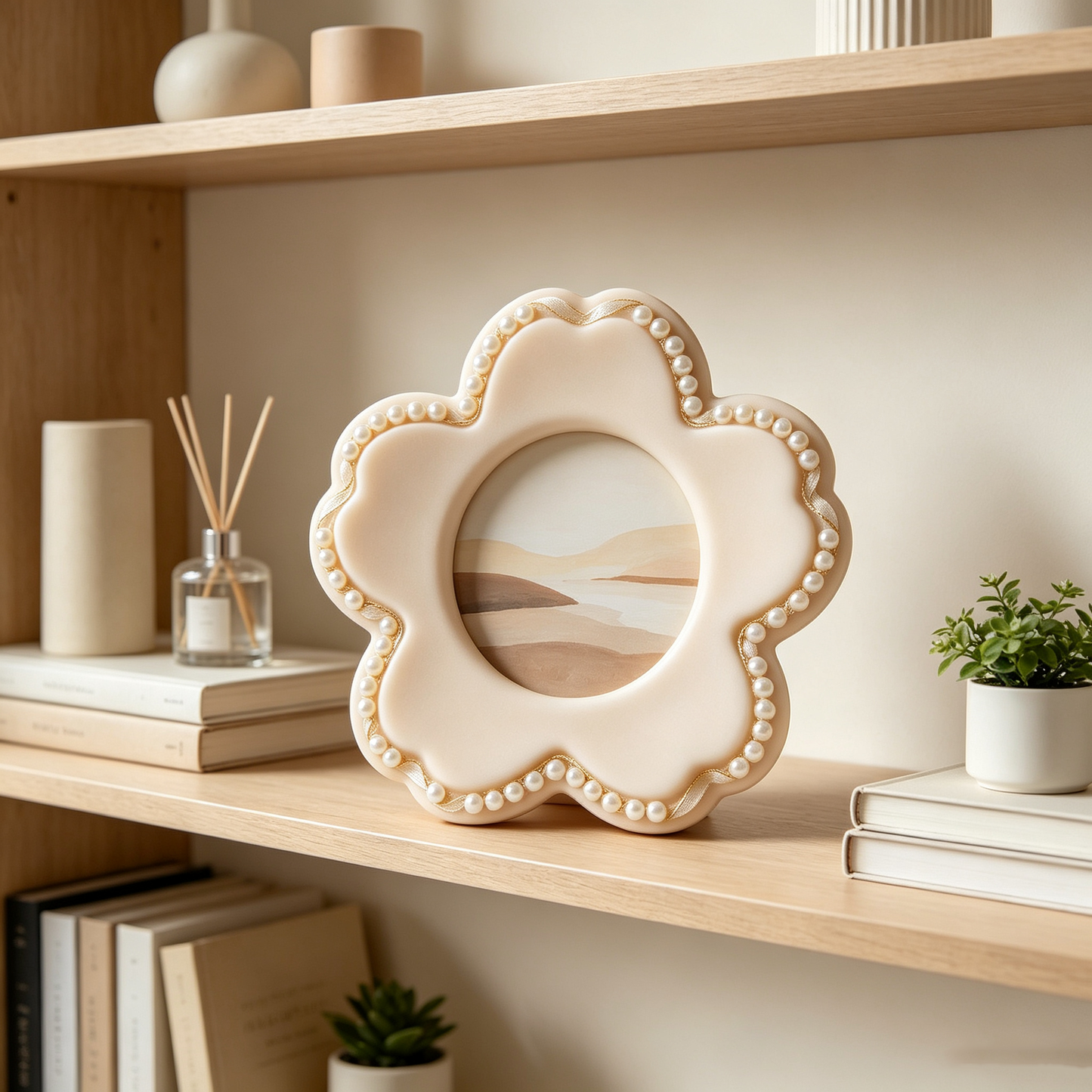 Cream Flower‑Shaped Pearl Lace Photo Frame