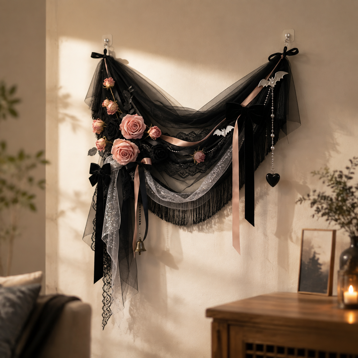 Dark Tulle Rose Banner Wall Hanging