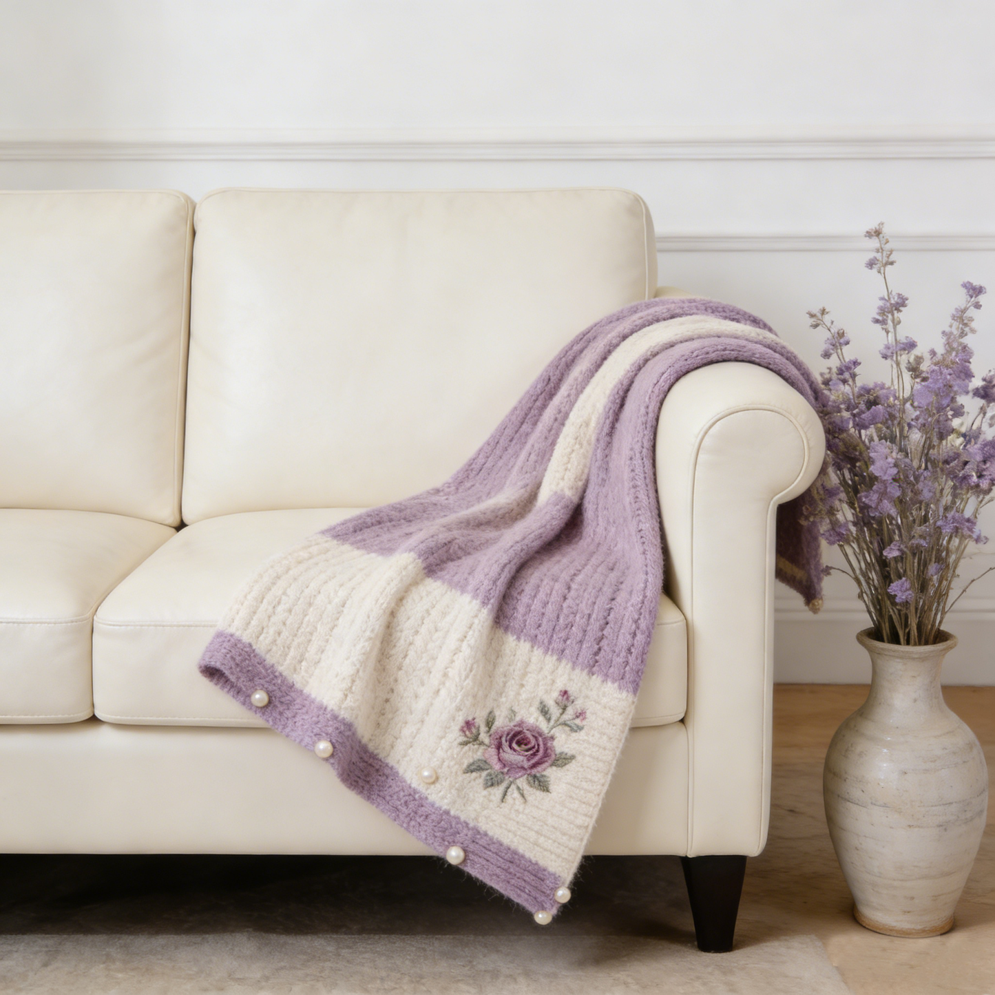 Purple Rose Pearl Knit Throw Blanket