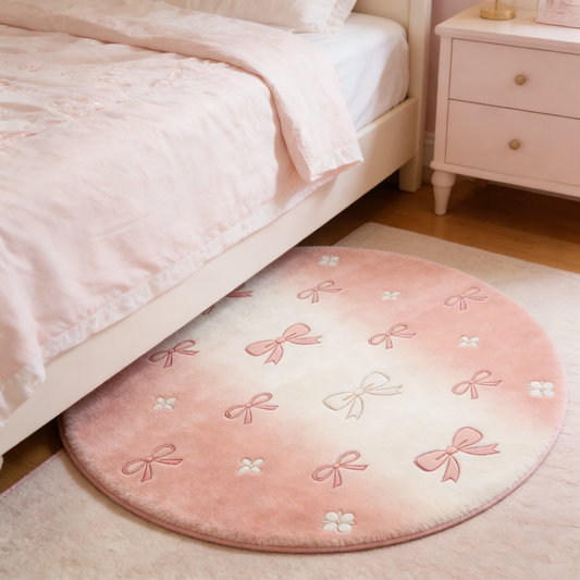 Pink Bow Floral Round Rug