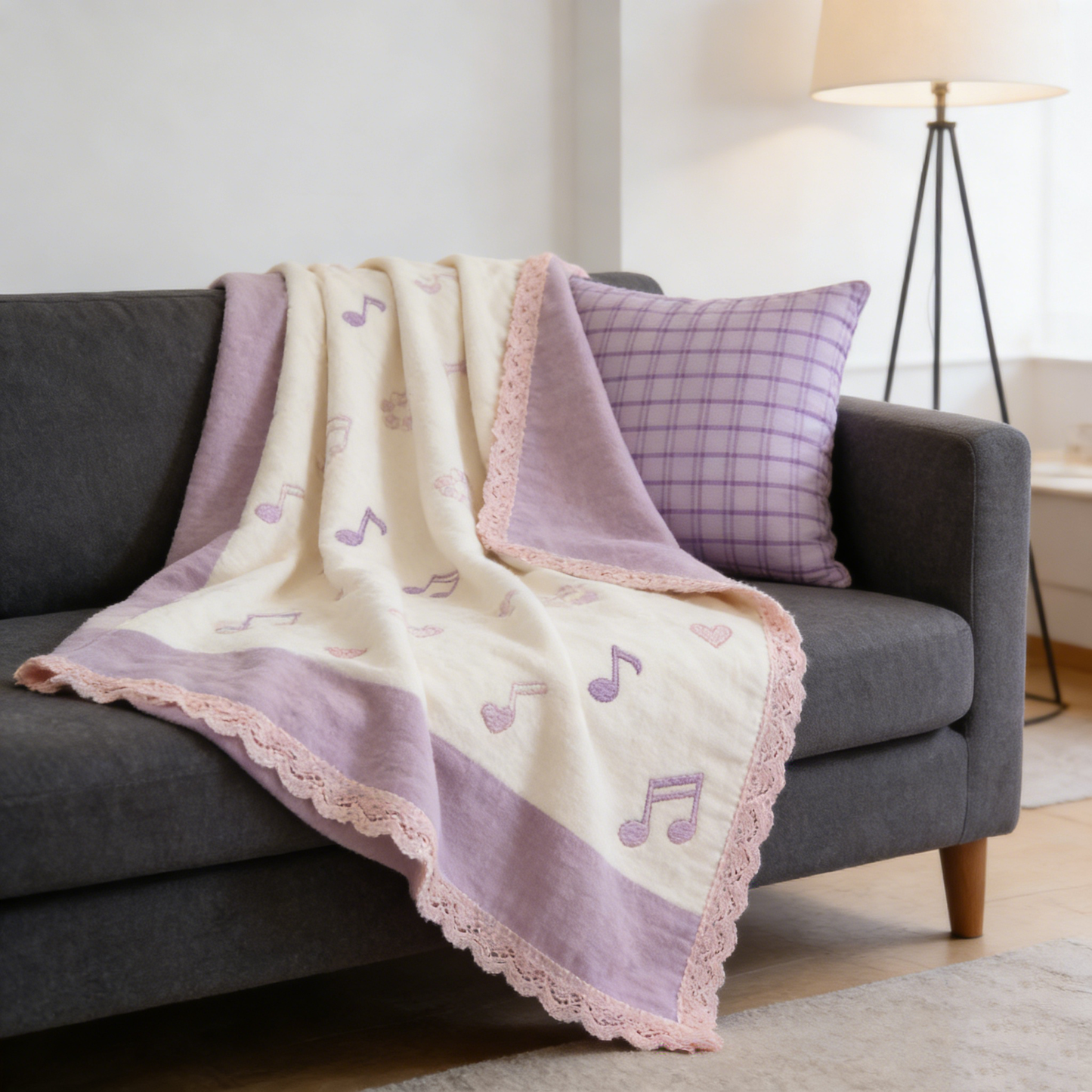 Music Note Lace Patchwork Throw Blanket