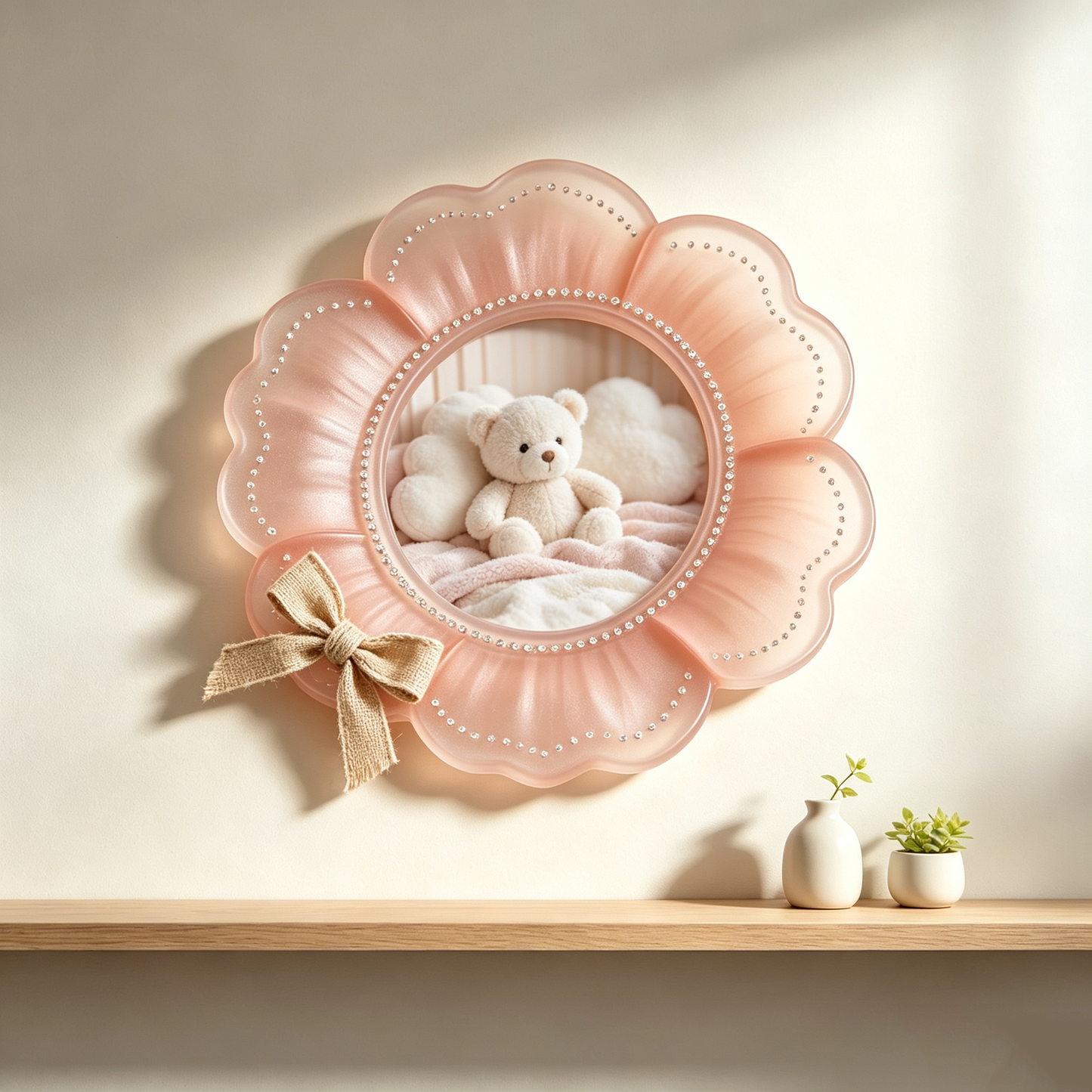 Frosted Pink Petal Rhinestone Burlap Bow Photo Frame