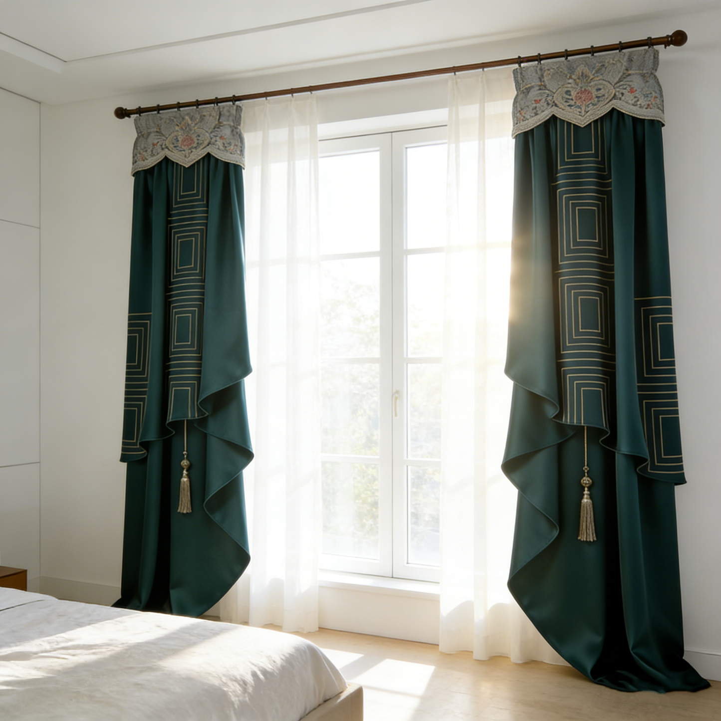 Teal Geometric Satin Curtain Set