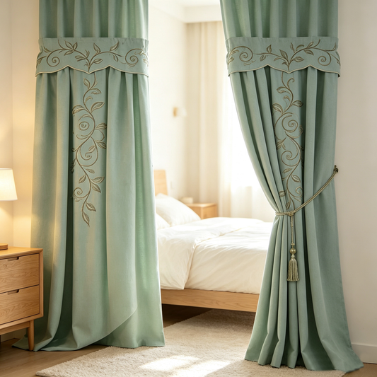 Mint Leaf Embroidery Linen Curtain Set