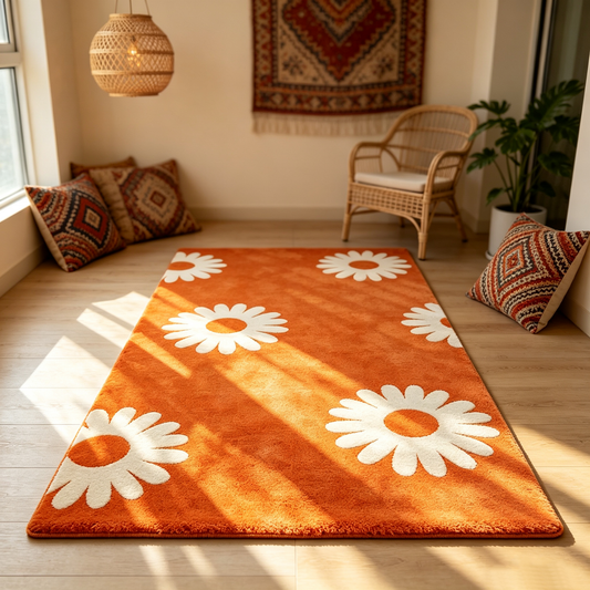 Orange Daisy Floral Area Rug