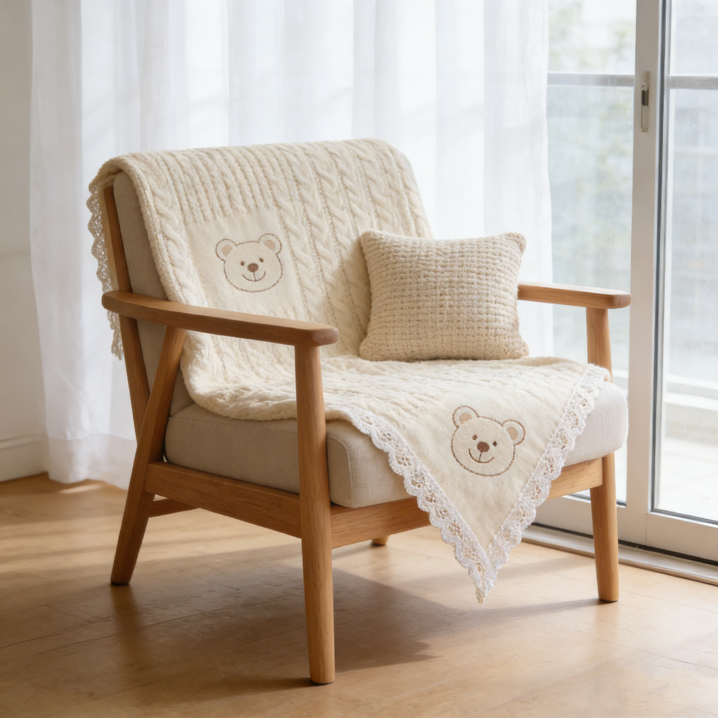 Beige Bear Lace Cable Knit Throw Blanket