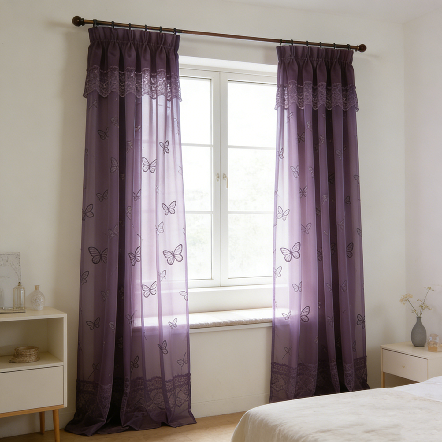Purple Butterfly Sheer Curtain Set