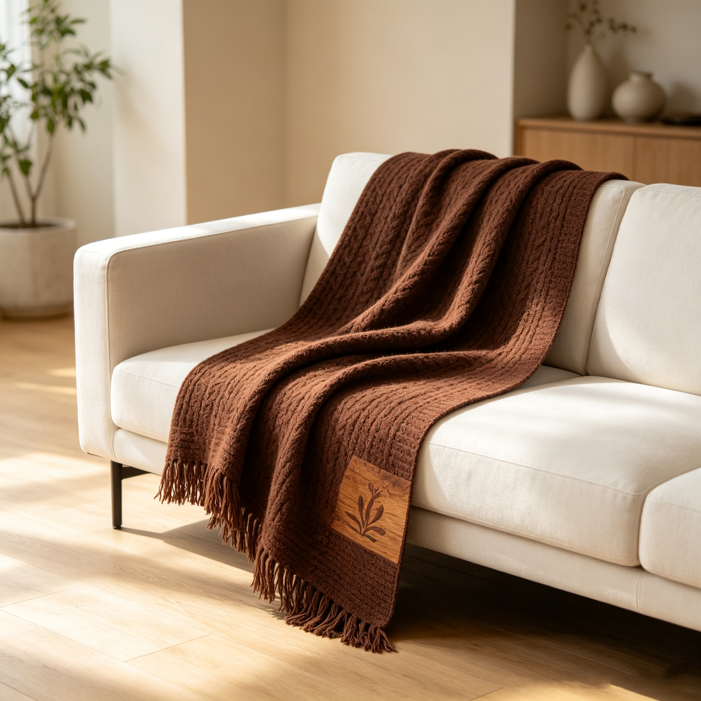 Dark Brown Wood Patch Fringe Knit Throw Blanket