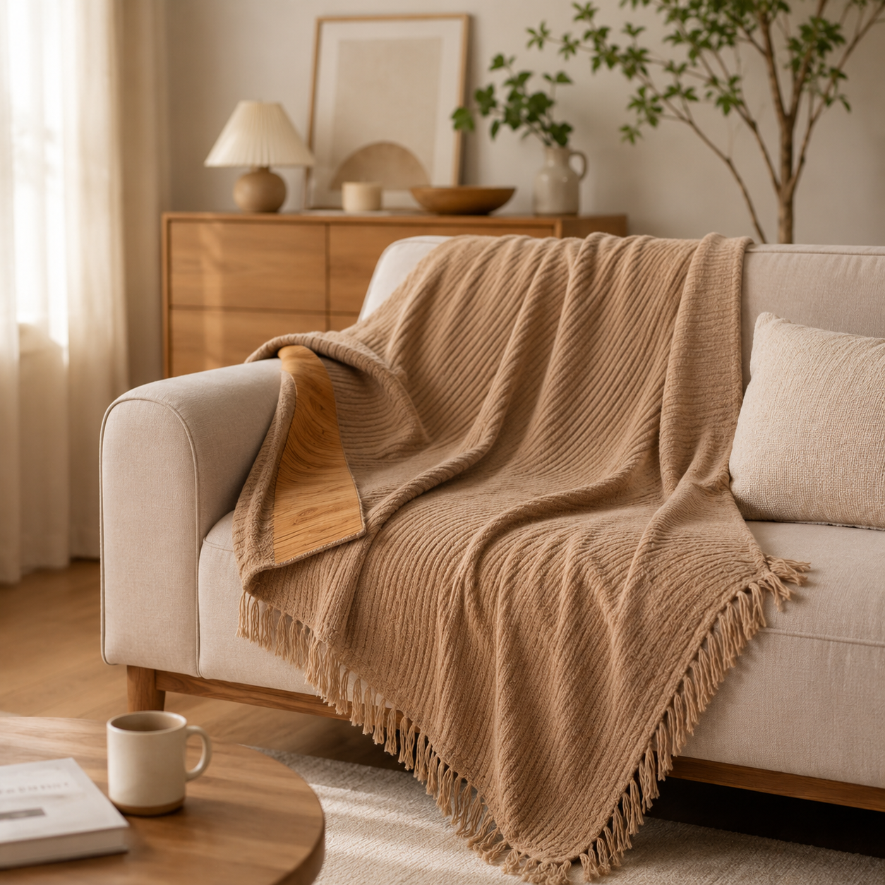 Camel Oak Wood Fringe Knit Throw Blanket