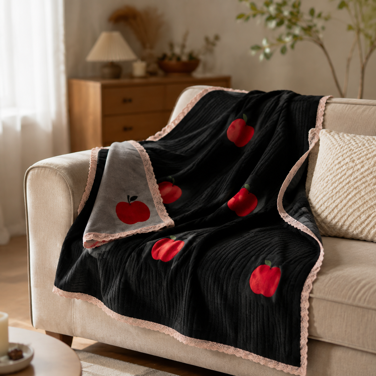 Black Red Apple Lace Knit Throw Blanket