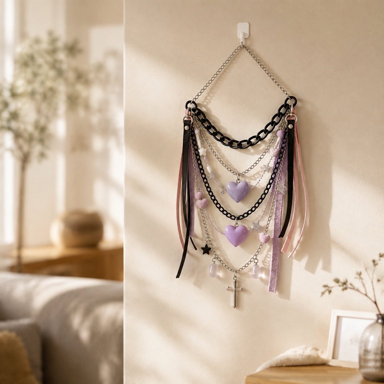 Pastel Heart Cross Chain Wall Hanging