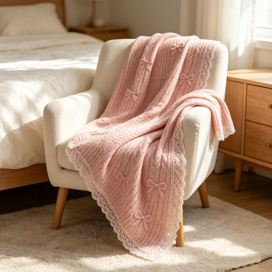 Pink Bow Knit Throw Blanket