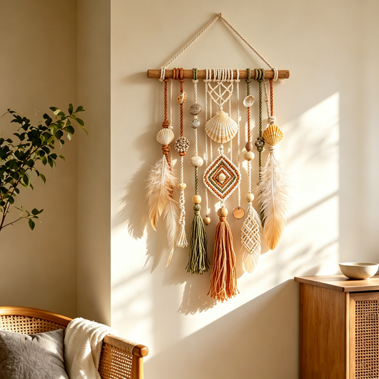 Boho Shell Feather Macrame Wall Hanging