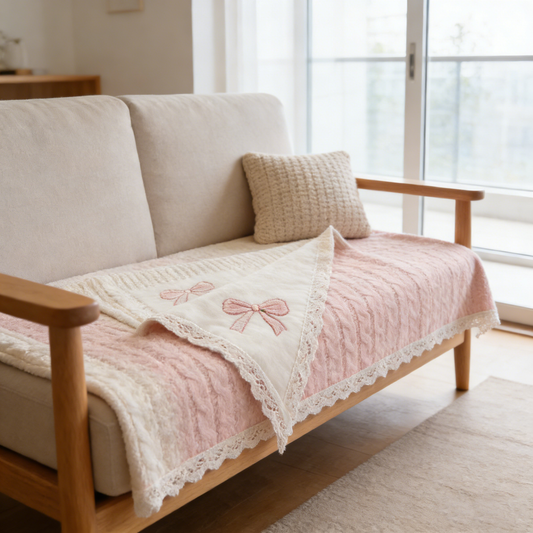 Pink White Bow Embroidered Throw Blanket