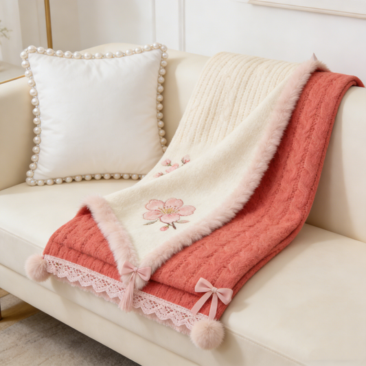 Sakura Fuzzy Pom‑pom Throw Blanket
