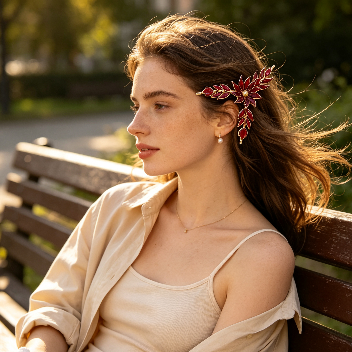 Red Flower Gold Hair Clip
