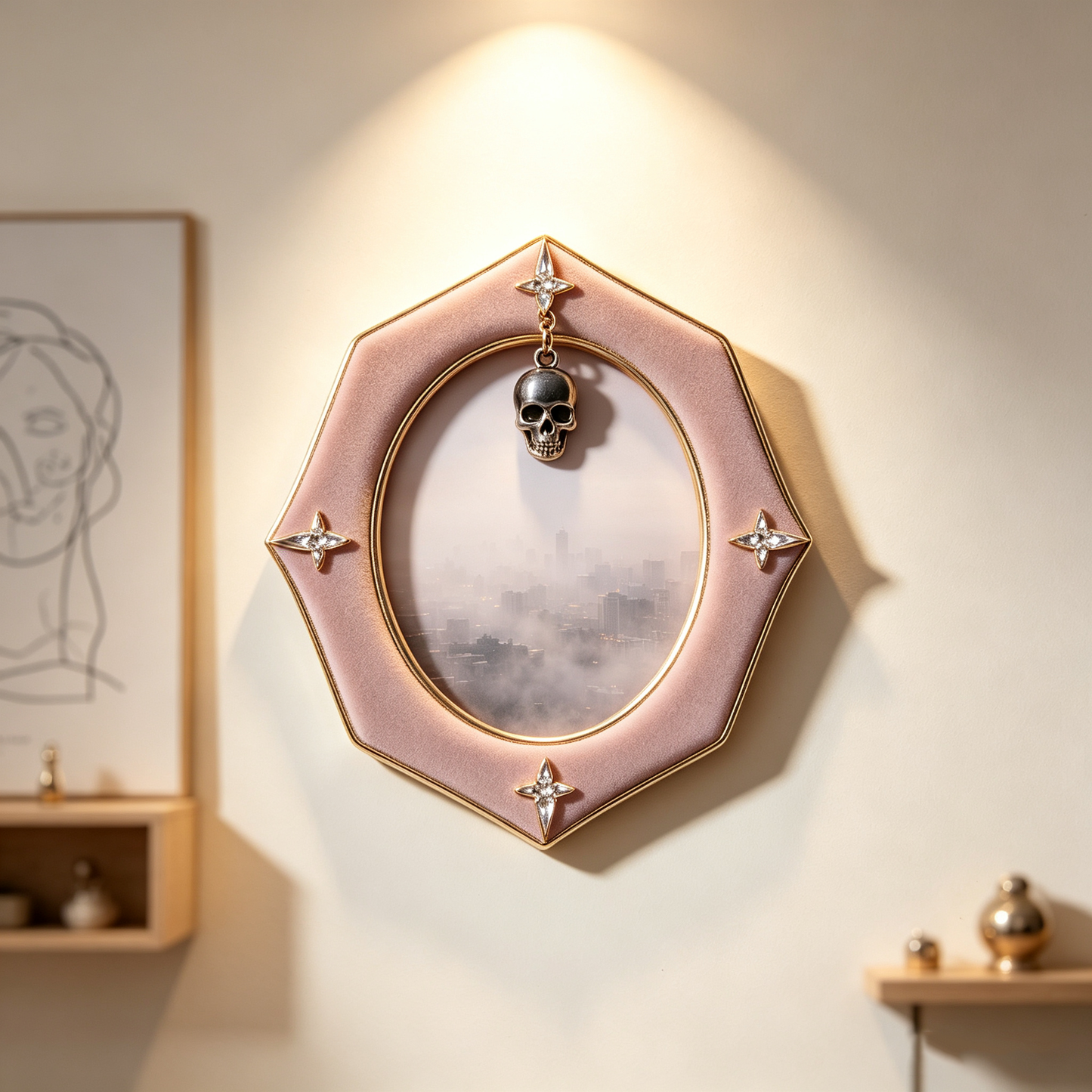 Pink Velvet Octagon Skull Charm Photo Frame
