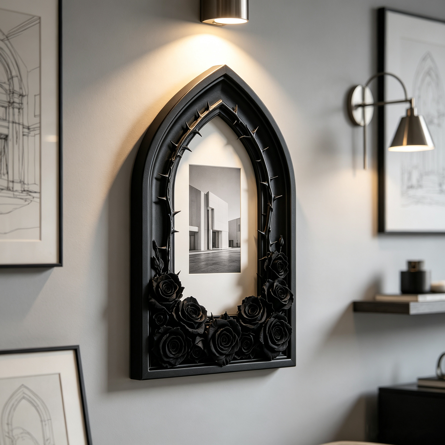 Black Gothic Arch Black Rose Photo Frame