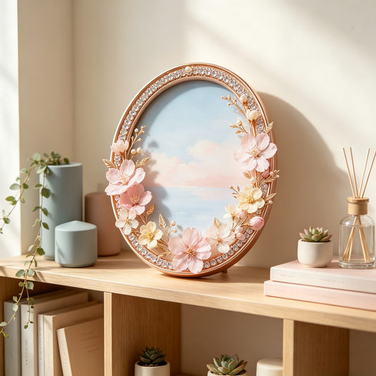 Rose‑Gold Oval Cherry Blossom Photo Frame