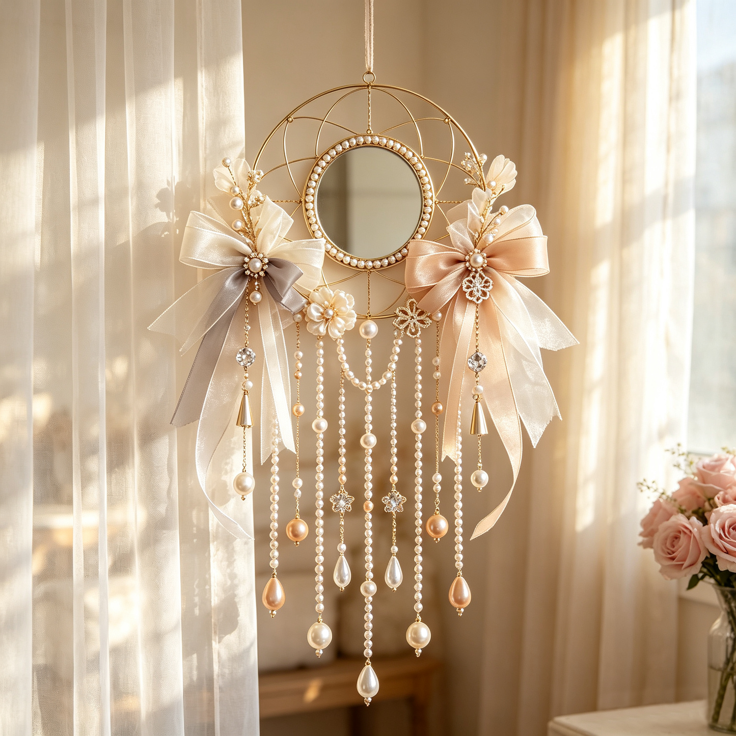 Bow Pearl Mirror Dreamcatcher Wall Hanging