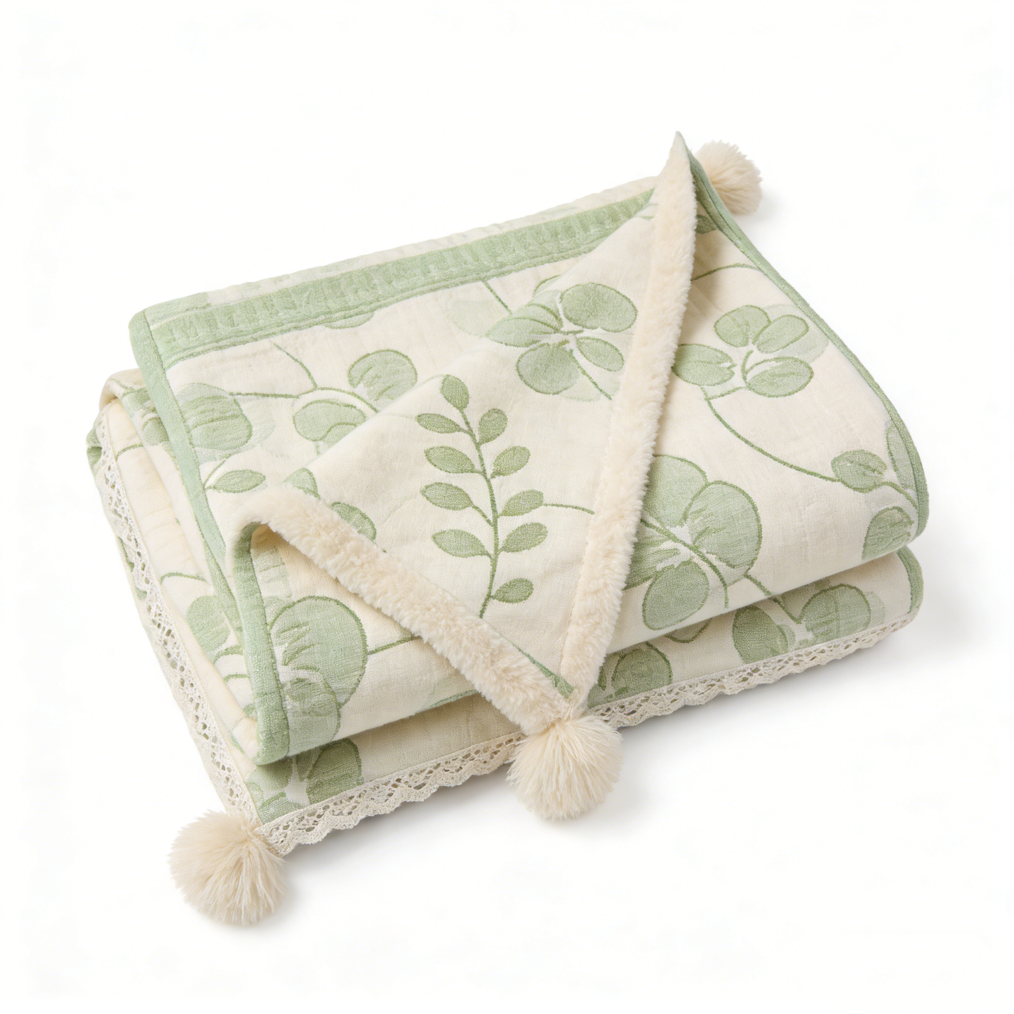 Eucalyptus Pom Pom Lace Throw Blanket