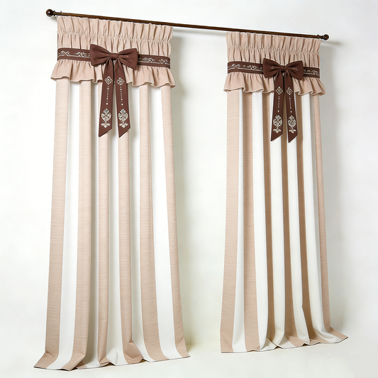 Beige Stripe Bow Curtain