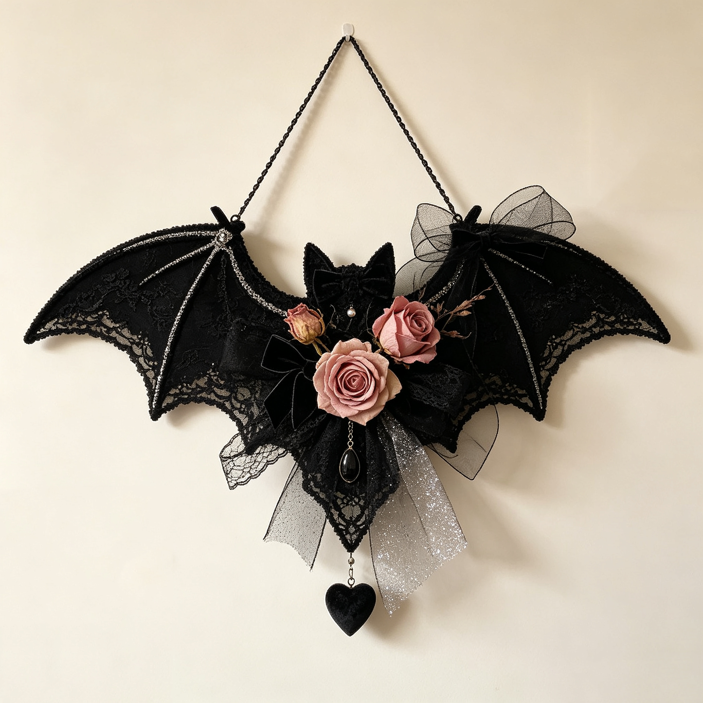Gothic Lace Bat Rose Wall Hanging