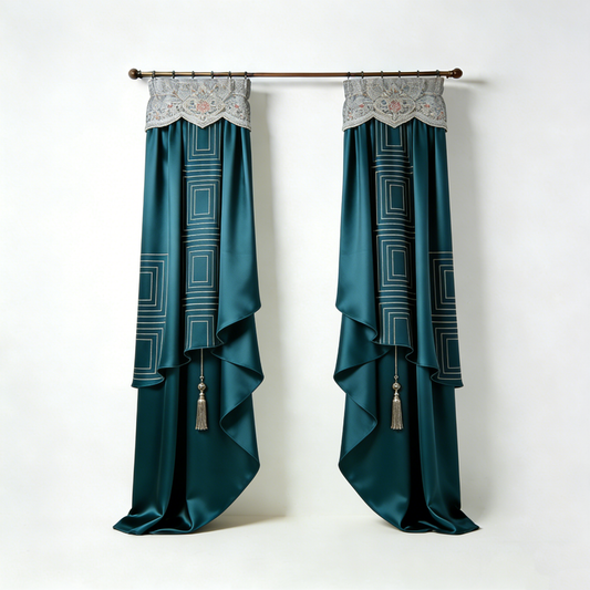 Teal Geometric Satin Curtain Set