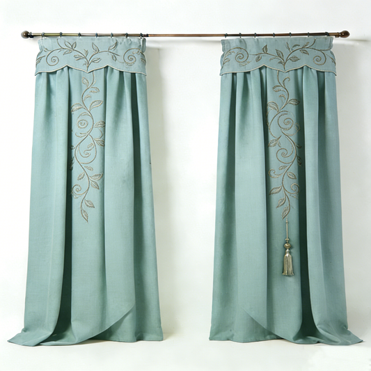 Mint Leaf Embroidery Linen Curtain Set