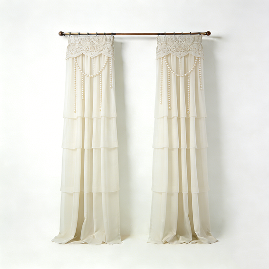 Cream Pearl Layered Lace Curtain Set