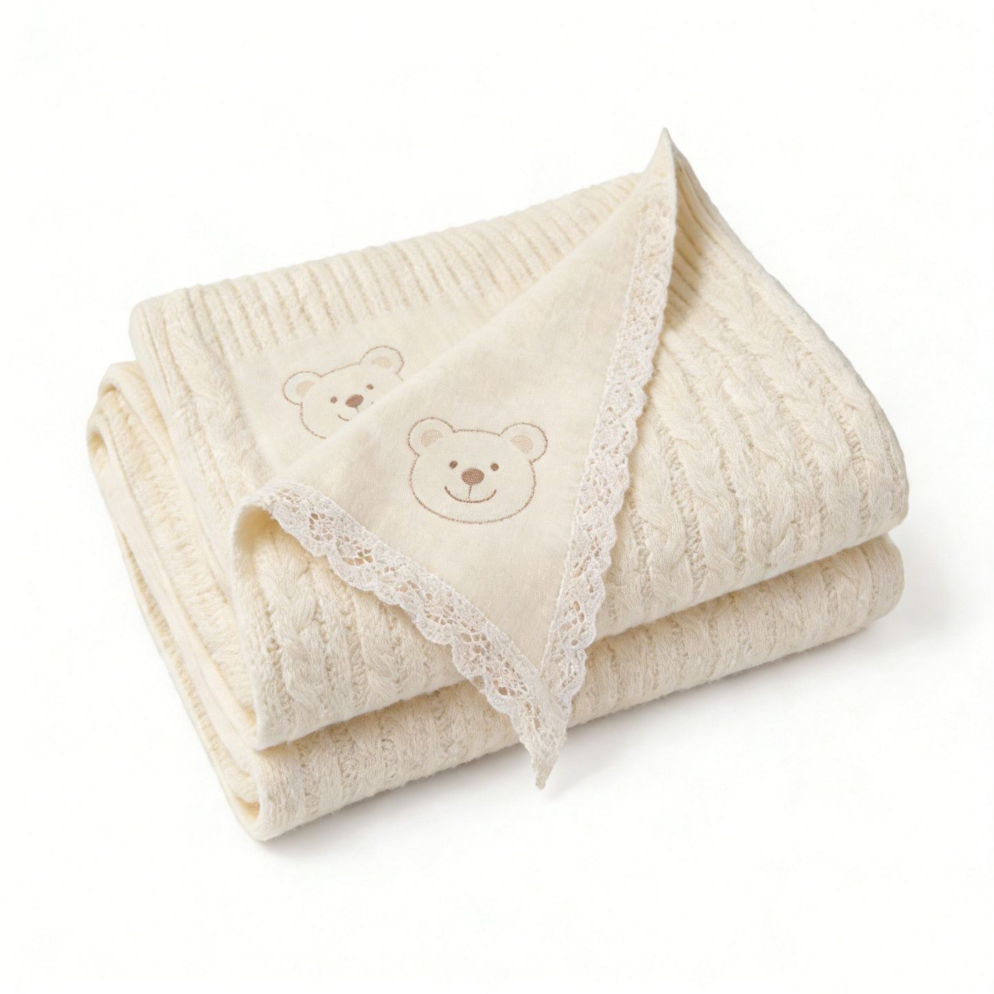 Beige Bear Lace Cable Knit Throw Blanket