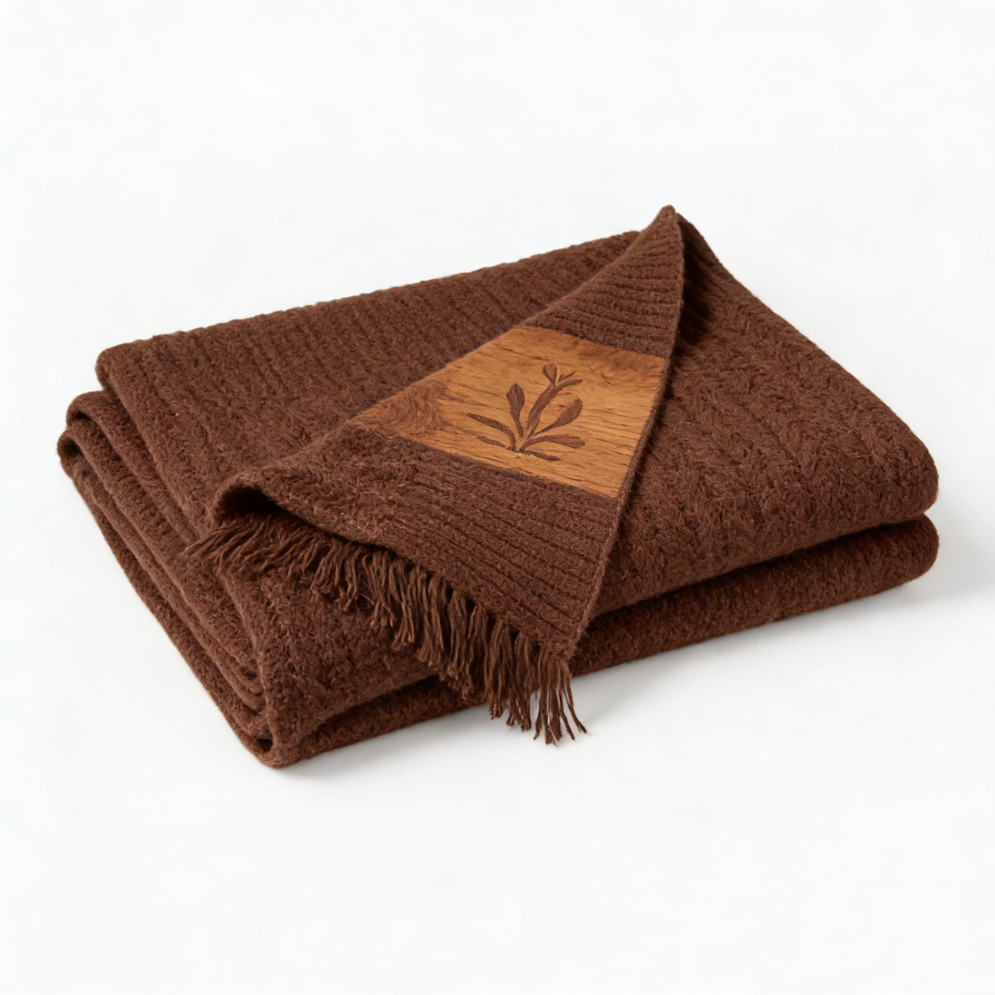 Dark Brown Wood Patch Fringe Knit Throw Blanket
