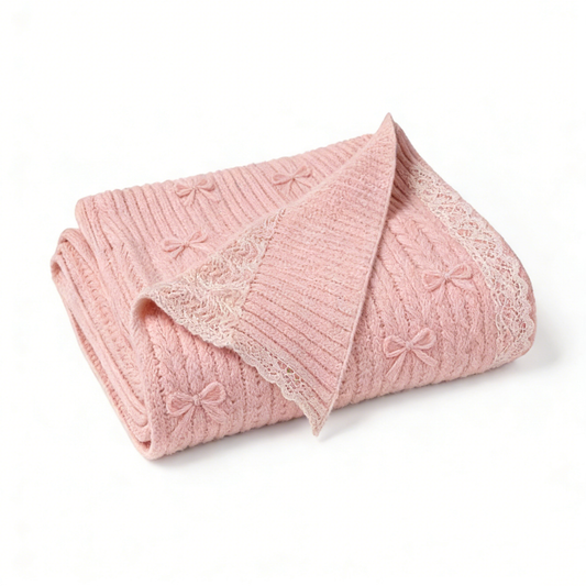 Pink Bow Knit Throw Blanket