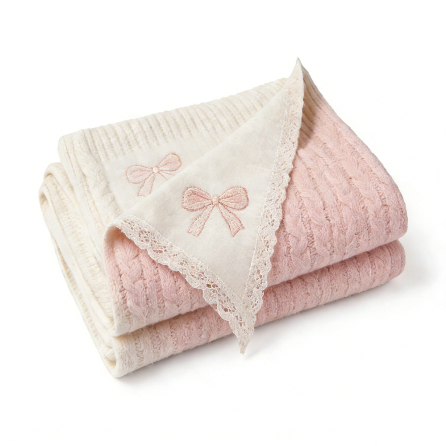 Pink White Bow Embroidered Throw Blanket